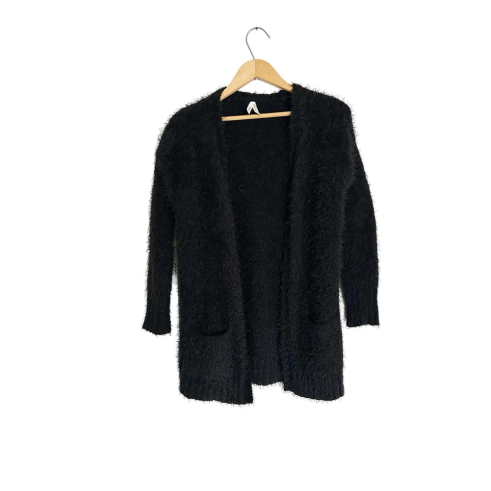 Women's Mudd Black Fuzzy Knit Black Cardigan Size S Open 2 pockets